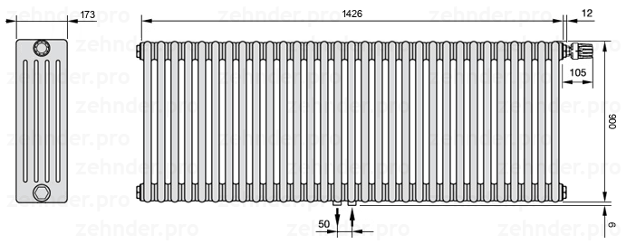 Схема (чертеж) Радиатор Zehnder Charleston 5090/31 №V008 Белый глянцевый RAL 9016